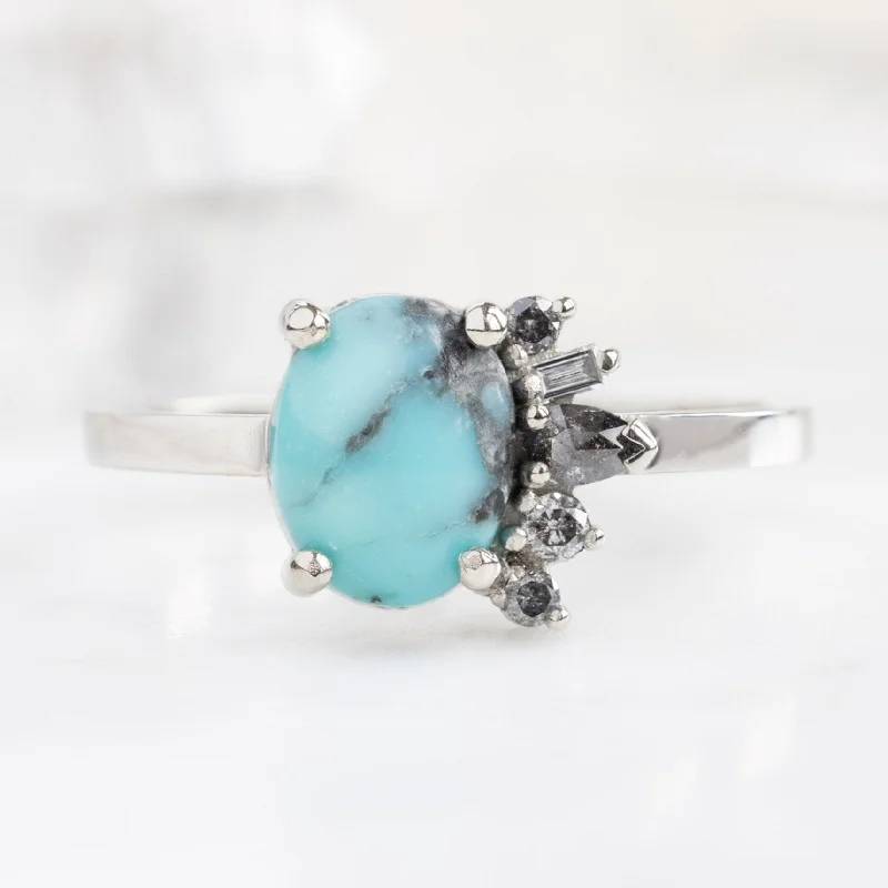 oval engagement rings-The Cluster Ring | 1.23ct Oval Turquoise in 14K White Gold