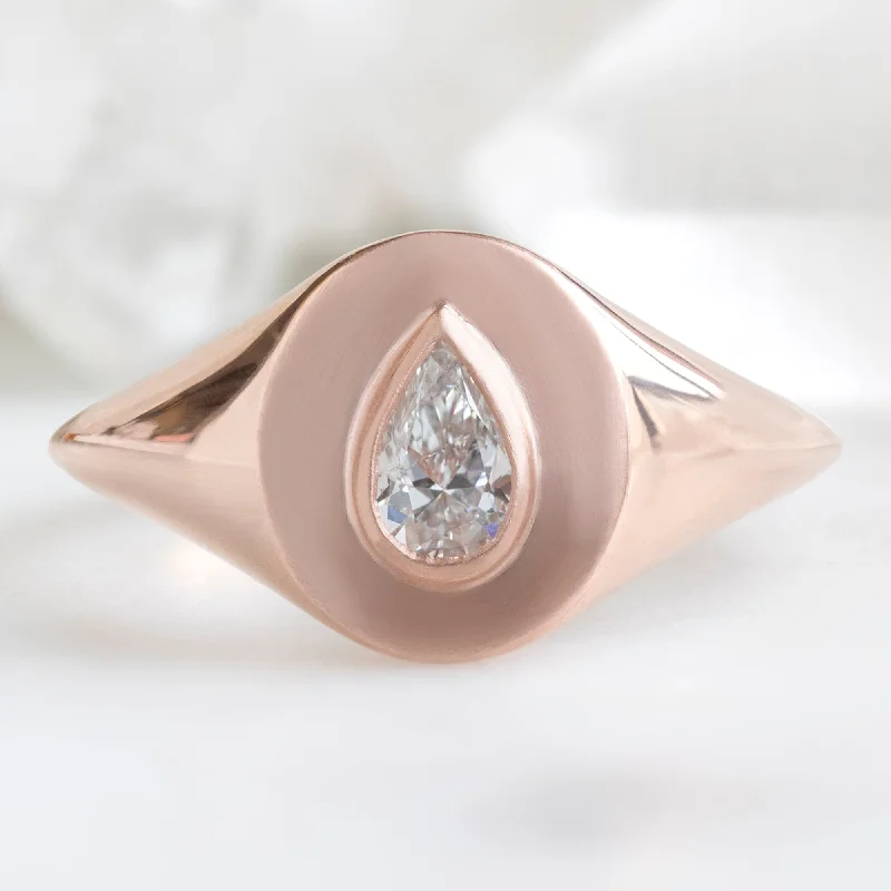 custom wedding bands for men with sapphires-The Signet Ring | 0.32ct Pear White Diamond in 10K Rose Gold