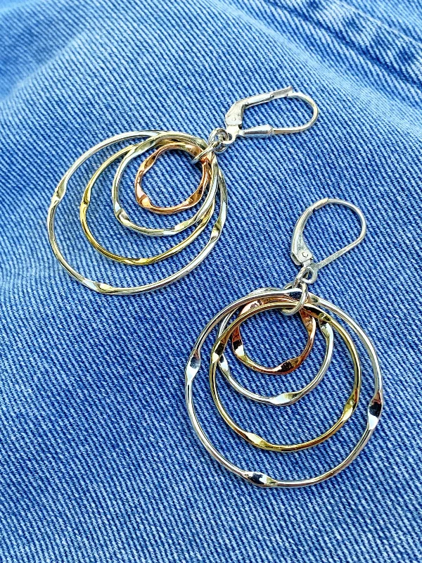 Funky earrings for young girls -Tritone Hammered Circles Dangles