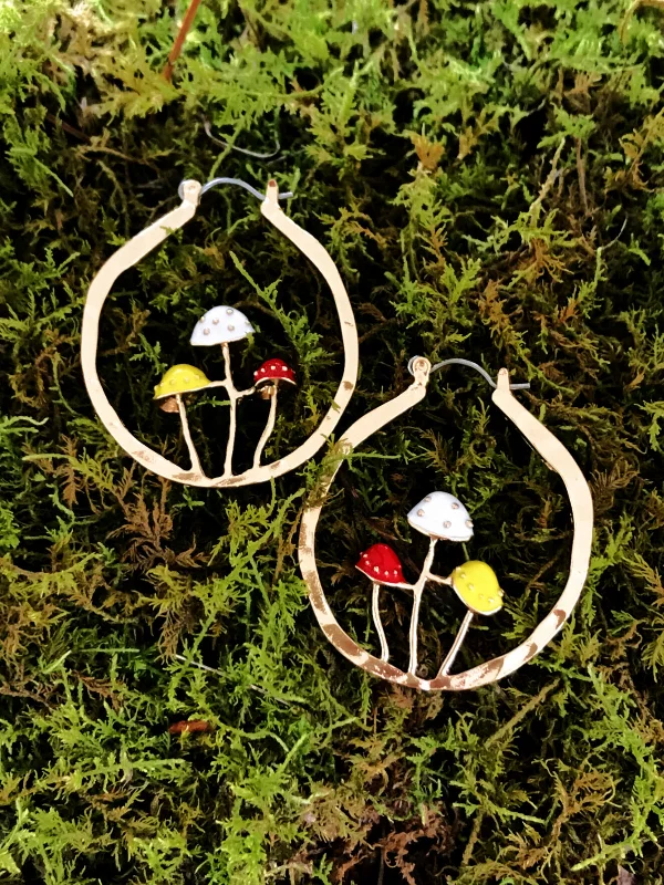 Black earrings for women -Triple Enamel Mushrooms Hoops