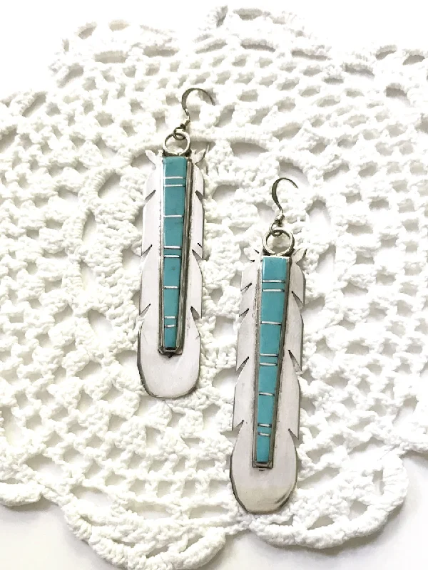 Jewelry earrings for special occasions -Turquoise Inlay Feather Earrings