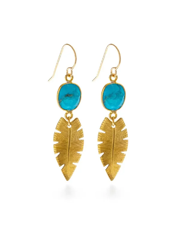 Round earrings for women -Turquoise & Palm Leaves Dangles by Amano Studio