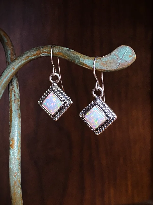 Summer earrings for women -Twist Border White Opal Square Dangles