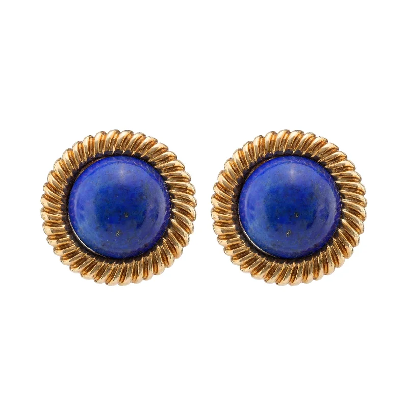 Stylish pearl earrings -Vintage Large Cabochon Lapis Lazuli 18K Yellow Gold Clip Earrings