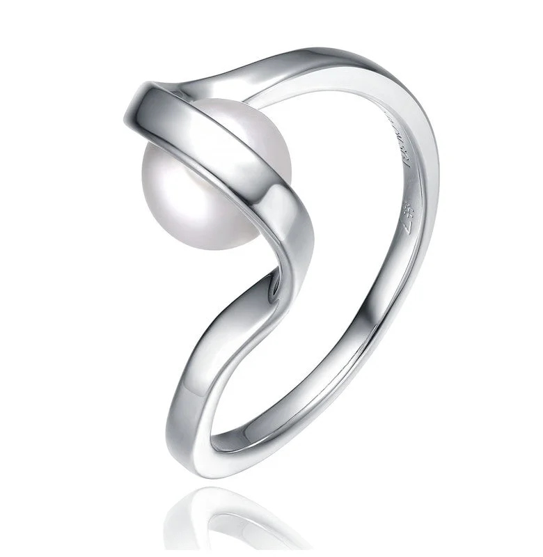 wedding bands for women with square diamonds-White Gold Plated Sterling Silver With Faux White Pearl Ribbon Promise Ring