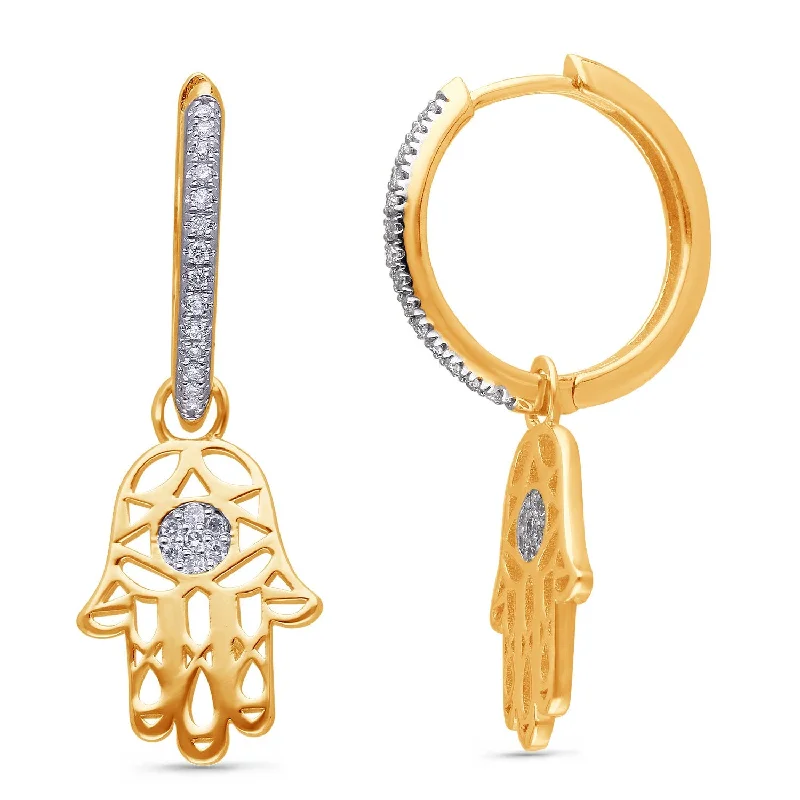 Big gemstone earrings -Yellow Gold White Diamond Hamsa Earrings