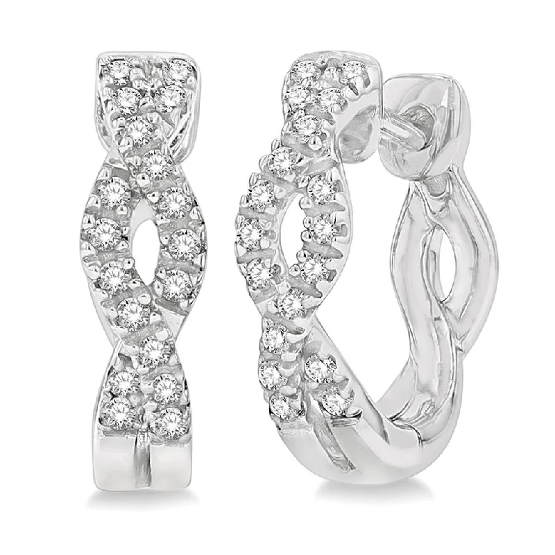 Statement earrings for parties -10K White Gold Swirl Petite Diamond Hoop Earrings