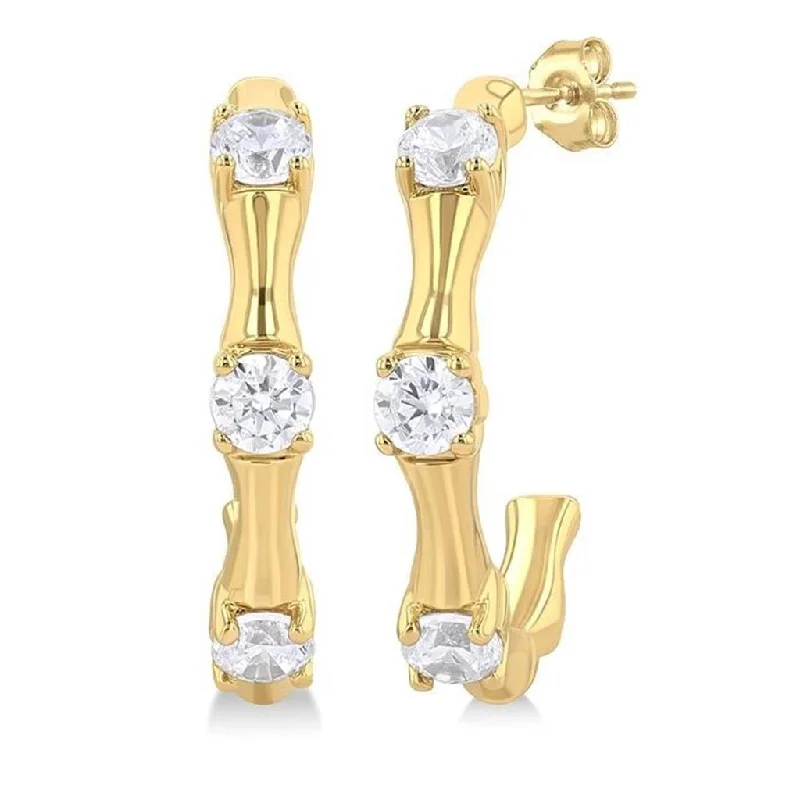 3D earrings for women -10K Yellow Gold Petite Bamboo Small Hoop Diamond Earring