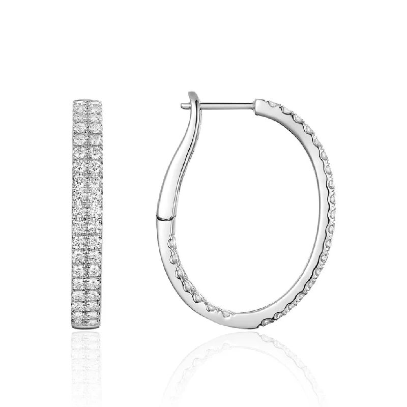 Modern stud earrings -14K White Gold Double Row Diamond Hoop Earrings