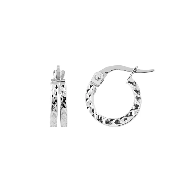 Trendy earrings for teens -14K White Gold Mini Diamond Cut Double Row Hoop Earrings