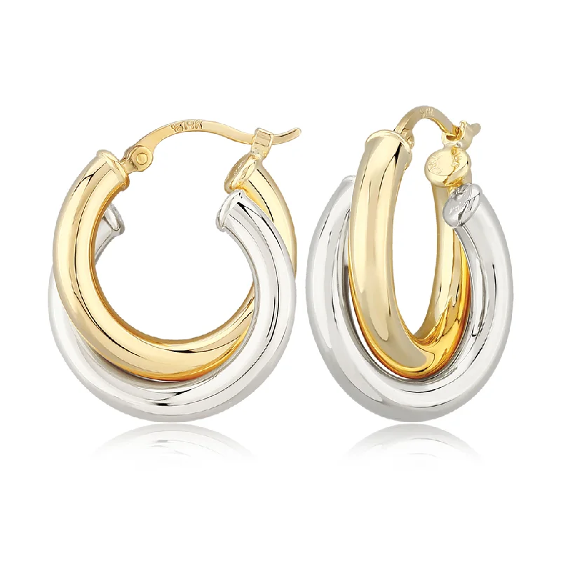 Trendy gold earrings -14K Yellow And White Gold Double Tube Hoop Earrings