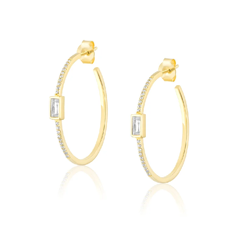 High-end diamond earrings -14K Yellow Gold Overlay Pavé And Baguette White Zircon Hoops