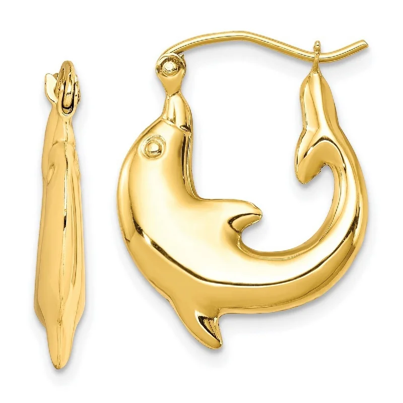 Wedding earrings for brides -Curata 10k Yellow Gold Polished Dolphin Hoop Earrings - 21.97x3.4mm