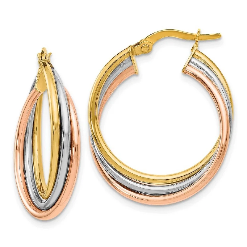 Luxury silver earrings -Curata 14k Tri-color Gold Italian Polished 22x3mm Hinged Triple Hoop Earrings