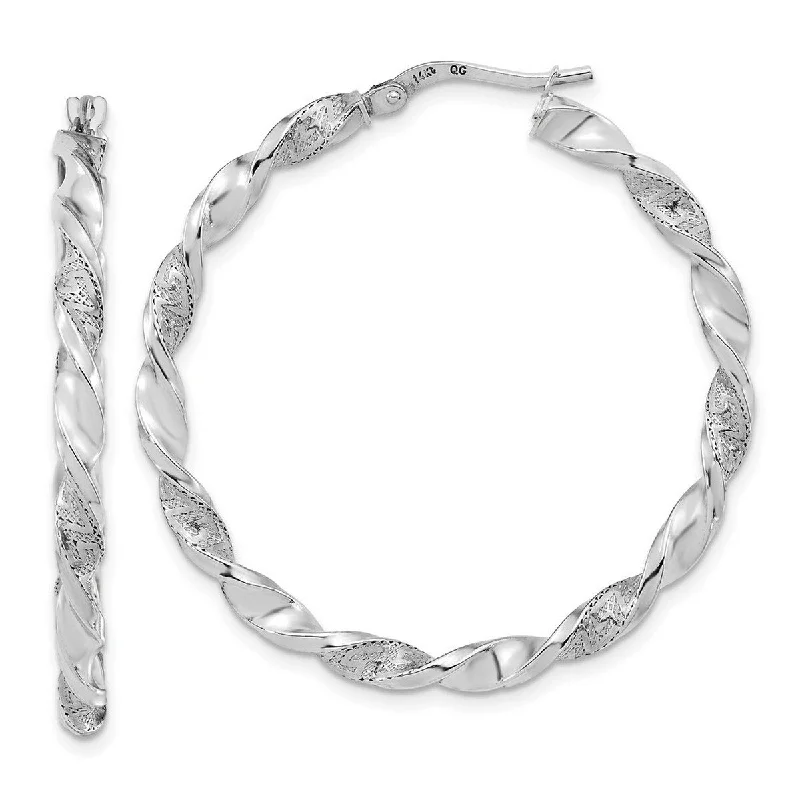 Lightweight earrings for comfort -Curata 14k White Gold Polished and Textured 39.7x3mm Twisted Hoop Earrings