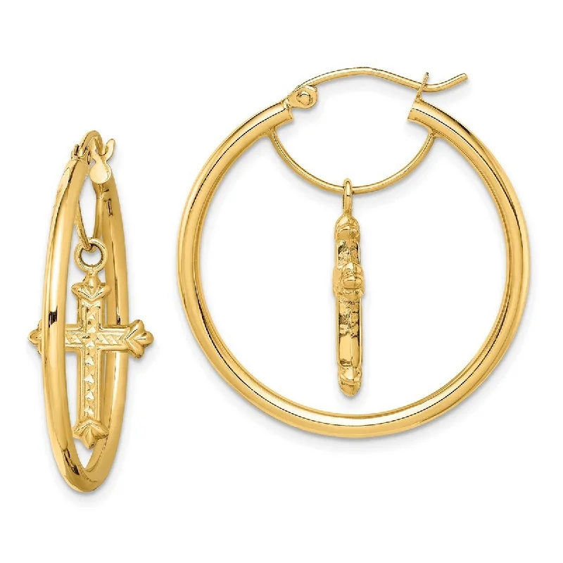 Unique designer earrings -Curata 14k Yellow Gold Cross Dangle Hoop Earrings - 31x29.85mm