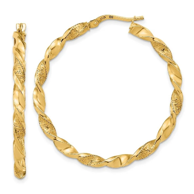 18k gold earrings -Curata 14k Yellow Gold Polished and Textured 39x3mm Twisted Hoop Earrings