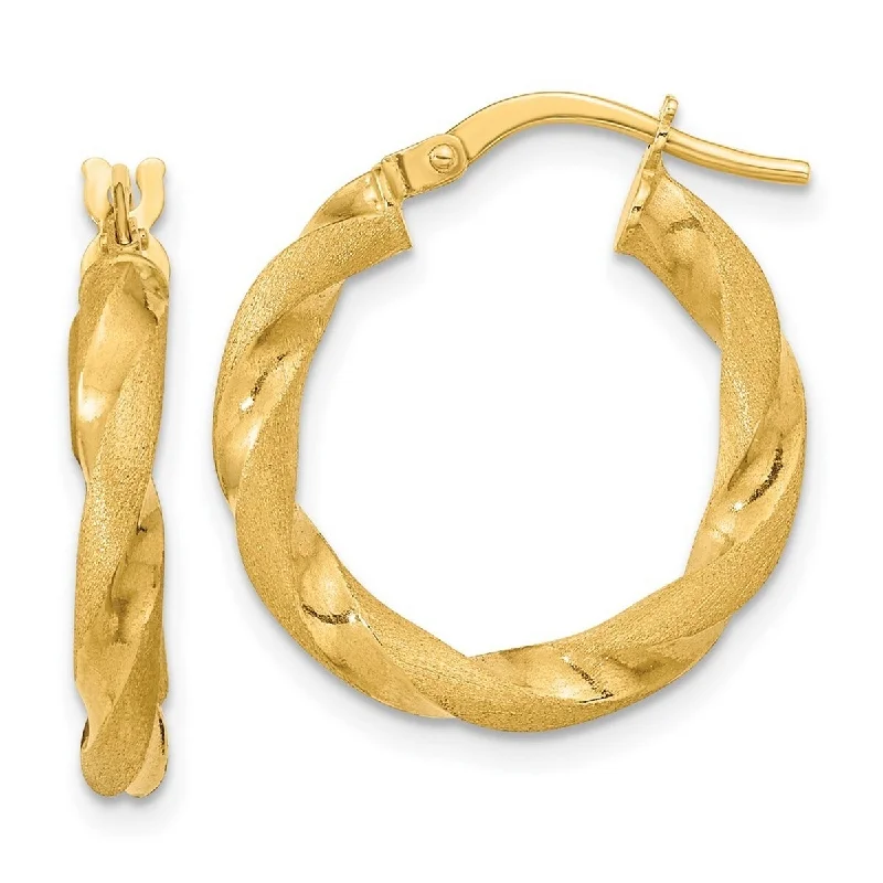 Casual stud earrings -Curata 14k Yellow Gold Satin and Textured 21x3mm Twisted Hoop Earrings