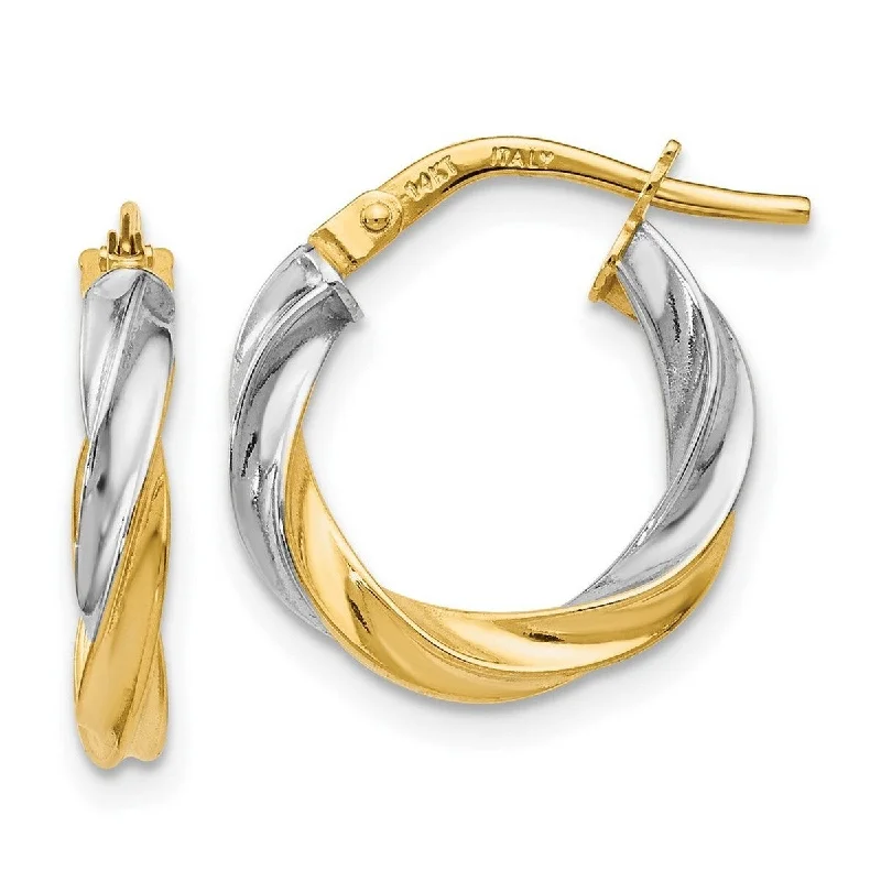 Earrings for women -Curata 14k Yellow Gold With Rhodium 17x2.5mm Twisted Textured Hoop Earrings