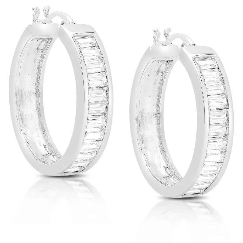 Simple drop earrings for work -Dolce Giavonna Sterling Silver Cubic Zirconia Hoop Earrings