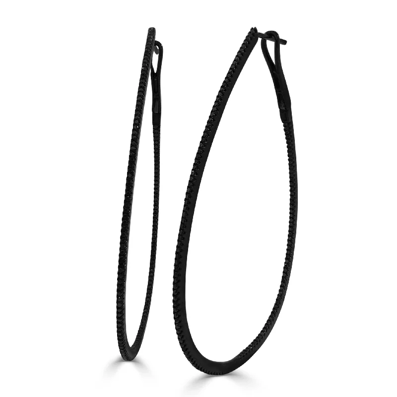 Gold earrings for women -Joelle Black Diamond Inside Out 14K Black Gold Pear Shape Hoop Earrings 2.5"