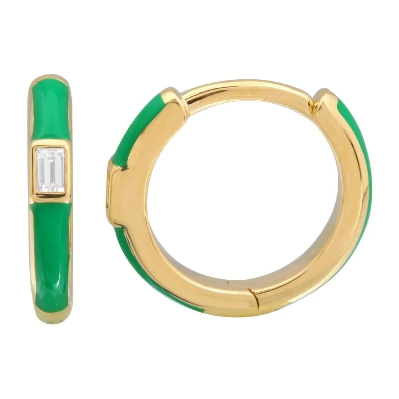 Chic designer earrings -Joelle Diamond & Green Enamel Huggie Hoop Earrings 14K Yellow Gold