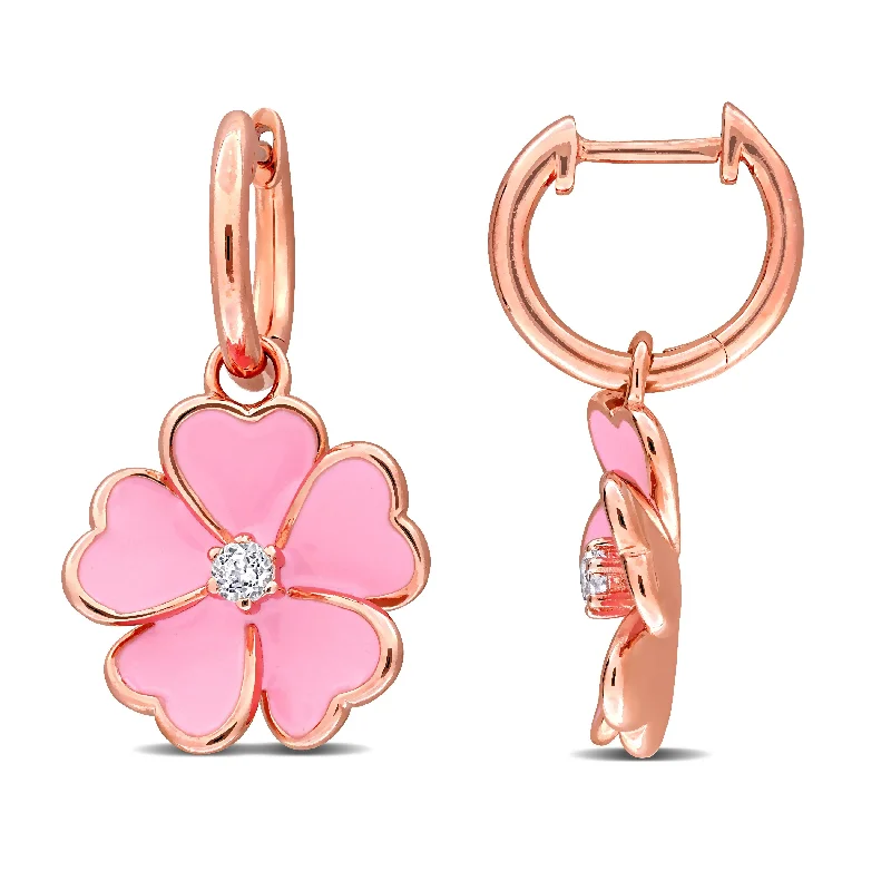 Fashionable gemstone earrings -Miadora 1/6ct TGW White Topaz Pink Enamel Plated Flower Hoop Earrings in Rose Plated Sterling Silver