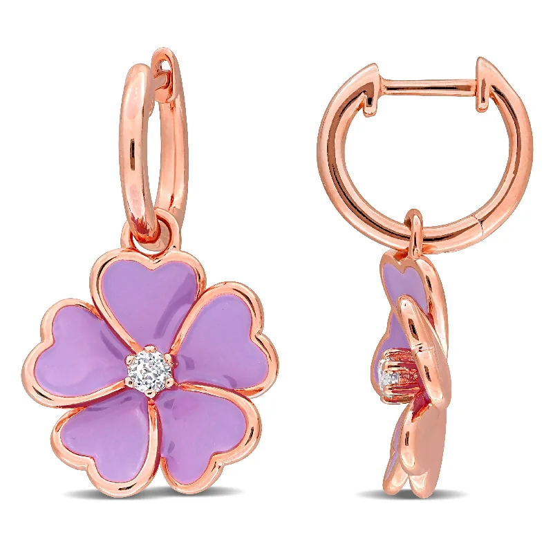 Modern pearl drop earrings -Miadora 1/6ct TGW White Topaz Purple Enamel Plated Flower Hoop Earrings Rose Silver