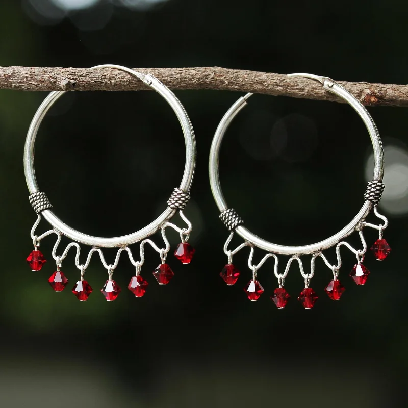 Party earrings for women -Novica Handmade Classic Red Sterling Silver Hoop Earrings