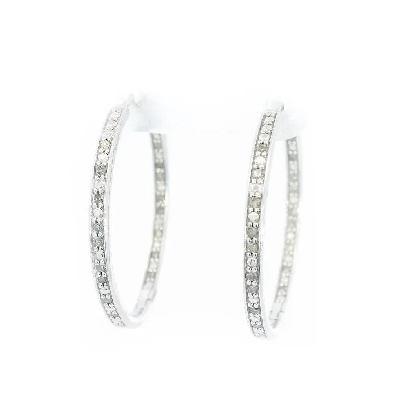 Natural gemstone earrings -Sterling Silver 30Mm Round Inside Out Natural Diamonds Hoop Earrings