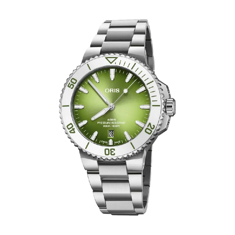 mens smartwatches with fitness tracking capabilities-Aquis Date Taste of Summer Green Dial, 41.5mm