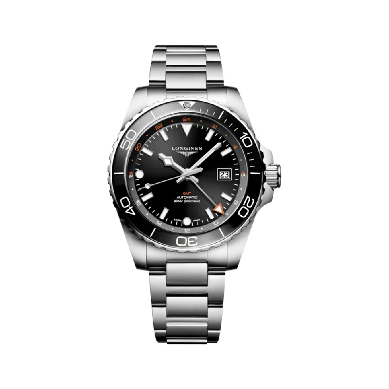 affordable quartz watches for men with date display-HydroConquest GMT Black Dial 43mm on Bracelet