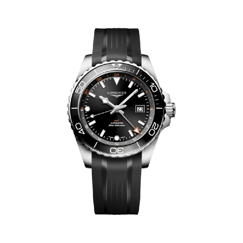 stylish waterproof watches for sports-HydroConquest GMT Black Dial 43mm on Rubber Strap