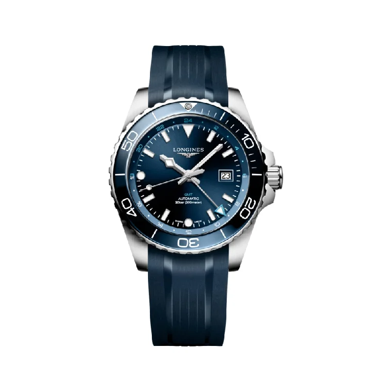 fashionable sport watches for women with quartz movement-HydroConquest GMT Blue Dial 43mm on Rubber Strap