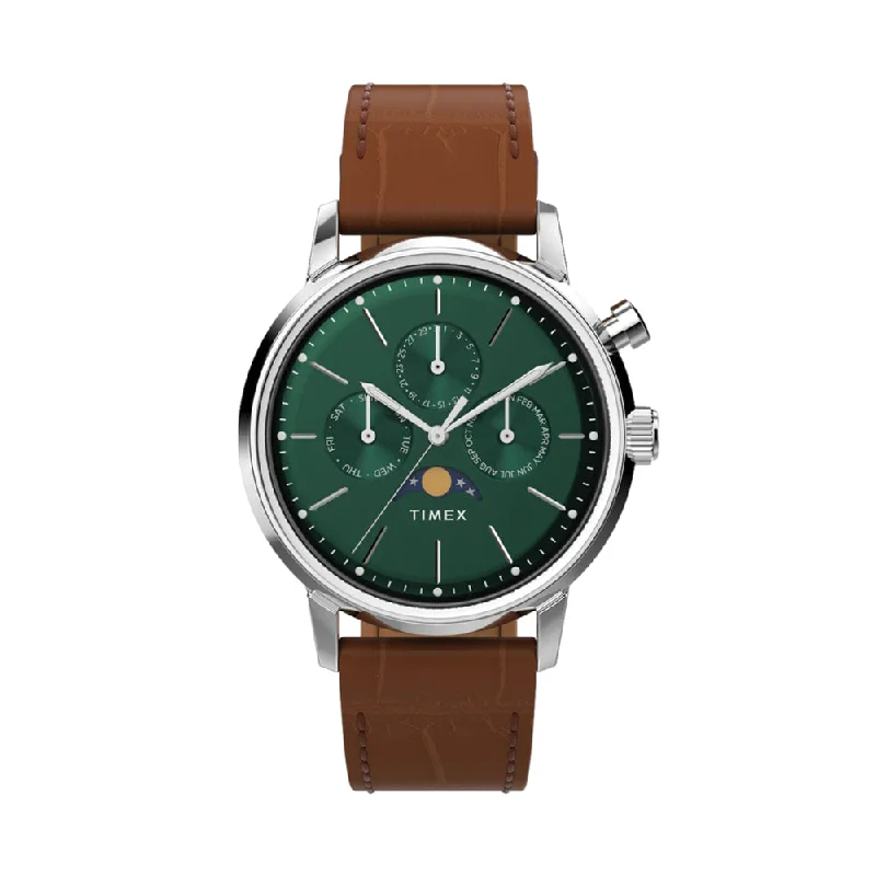 best smart watches for men-Marlin Quartz Moon Phase 40mm - Green on Leather Strap