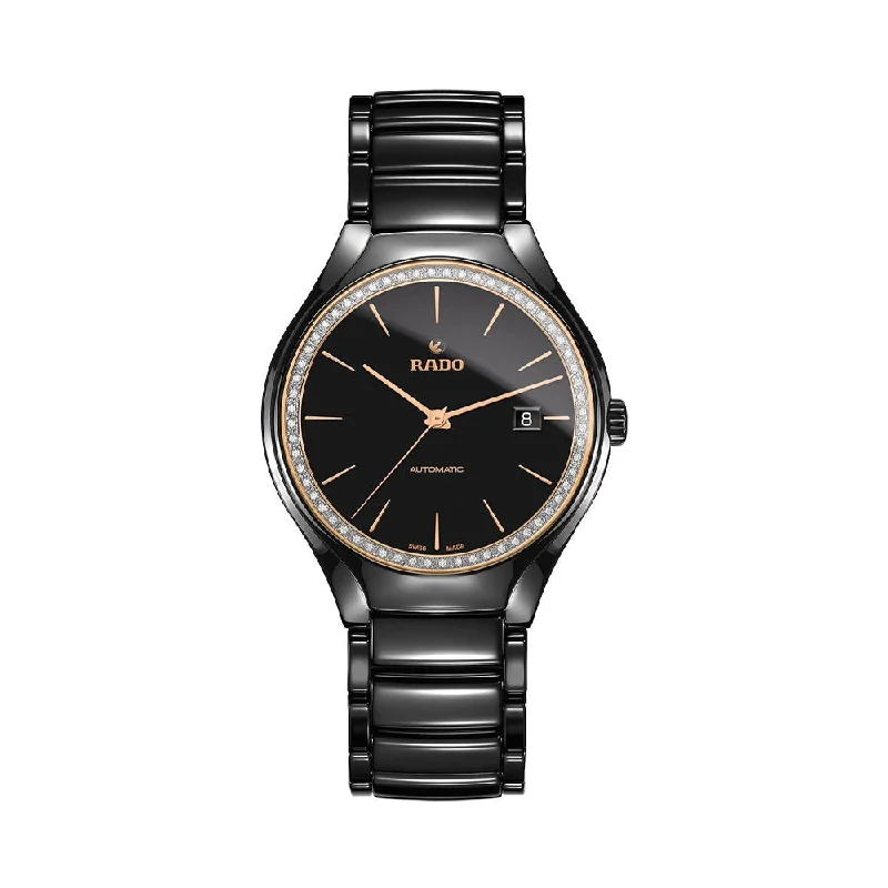 classic leather watches for women with gold accents-Rado True Automatic Diamonds R27056852 Women Watch