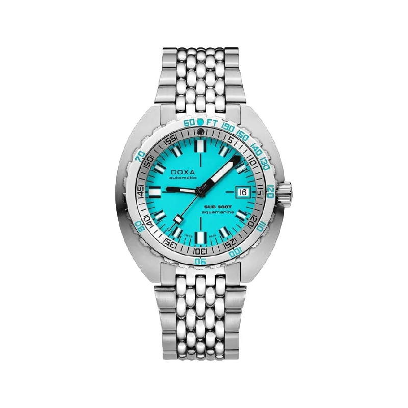 stylish black leather strap watches for men-Sub 300T Aquamarine Turquoise Dial on Bracelet, 42.5mm