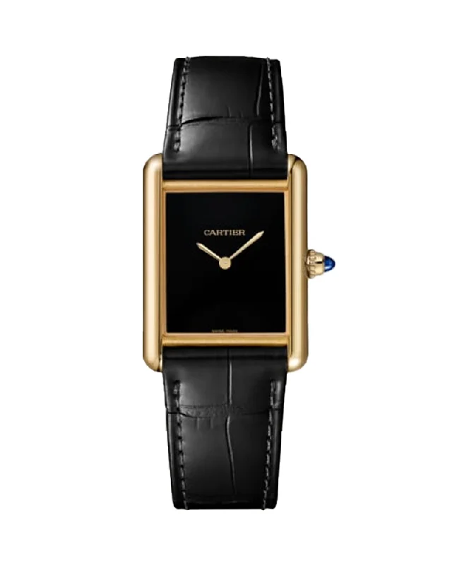 watches for professionals with business style-Tank Louis Cartier, Large, Yellow Gold, Black Leather