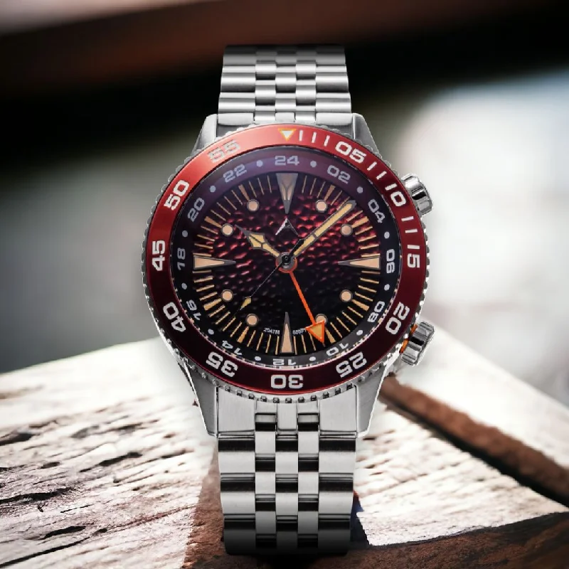 luxury sports watches for men-Aerotec Ace X GMT Diver - Burgundy/Black Dive Watch