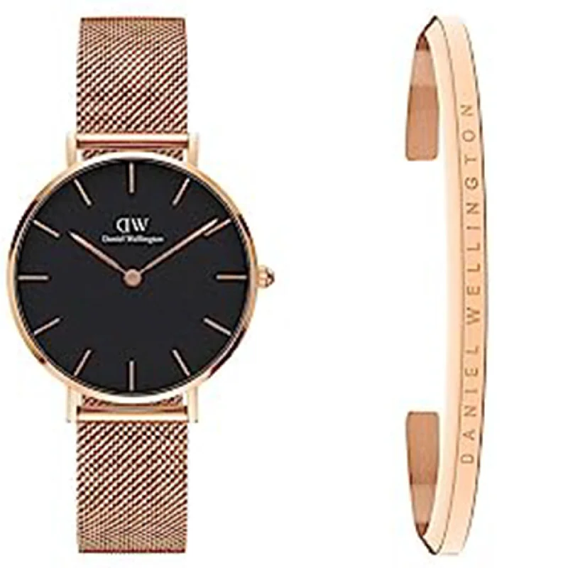 casual watches for women with leather bands-Petite Melrose Black & Rose Gold