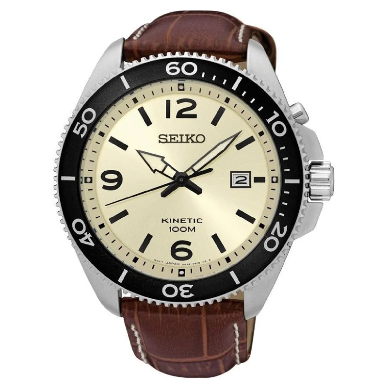 silver tone watches for men-Seiko Kinetic Beige Dial Men 44.7mm