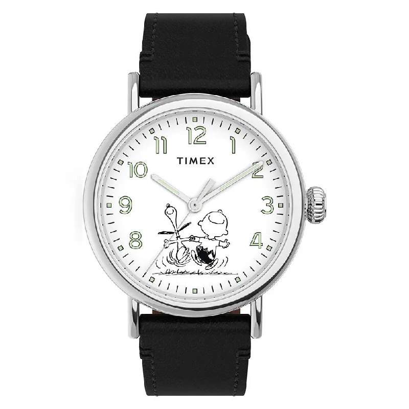 budget-friendly sports watches for men-Timex Standard x Peanuts 70th Anniversary 3-Hand 40mm Leather Band