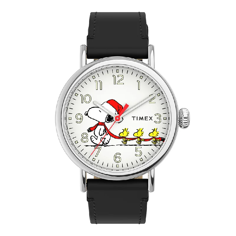 watches with date and time zone adjustments for travelers-Timex Standard x Peanuts Featuring Snoopy Christmas 3-Hand 40mm Leather Band