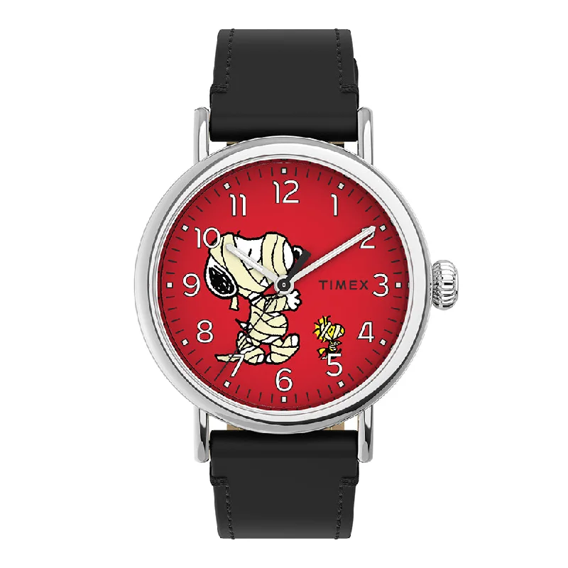 watches for women with silicone straps for workouts-Timex Standard x Peanuts Featuring Snoopy Halloween 3-Hand 40mm Leather Band