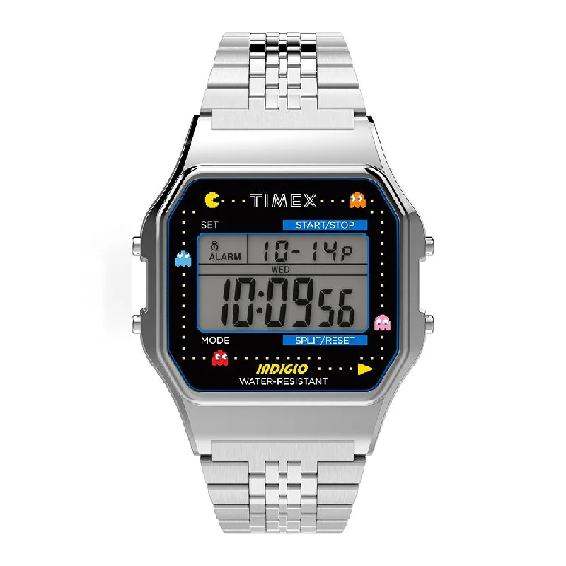 top-rated diving watches for women-Timex T80 x PAC-MAN™ Digital 34mm Stainless Steel Band